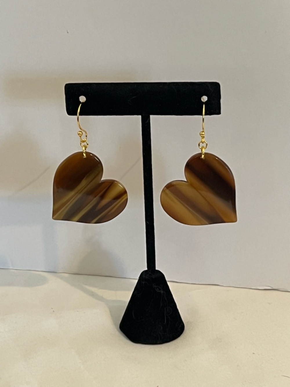 Striped Brown Heart Drop Earrings with Gold Hooks